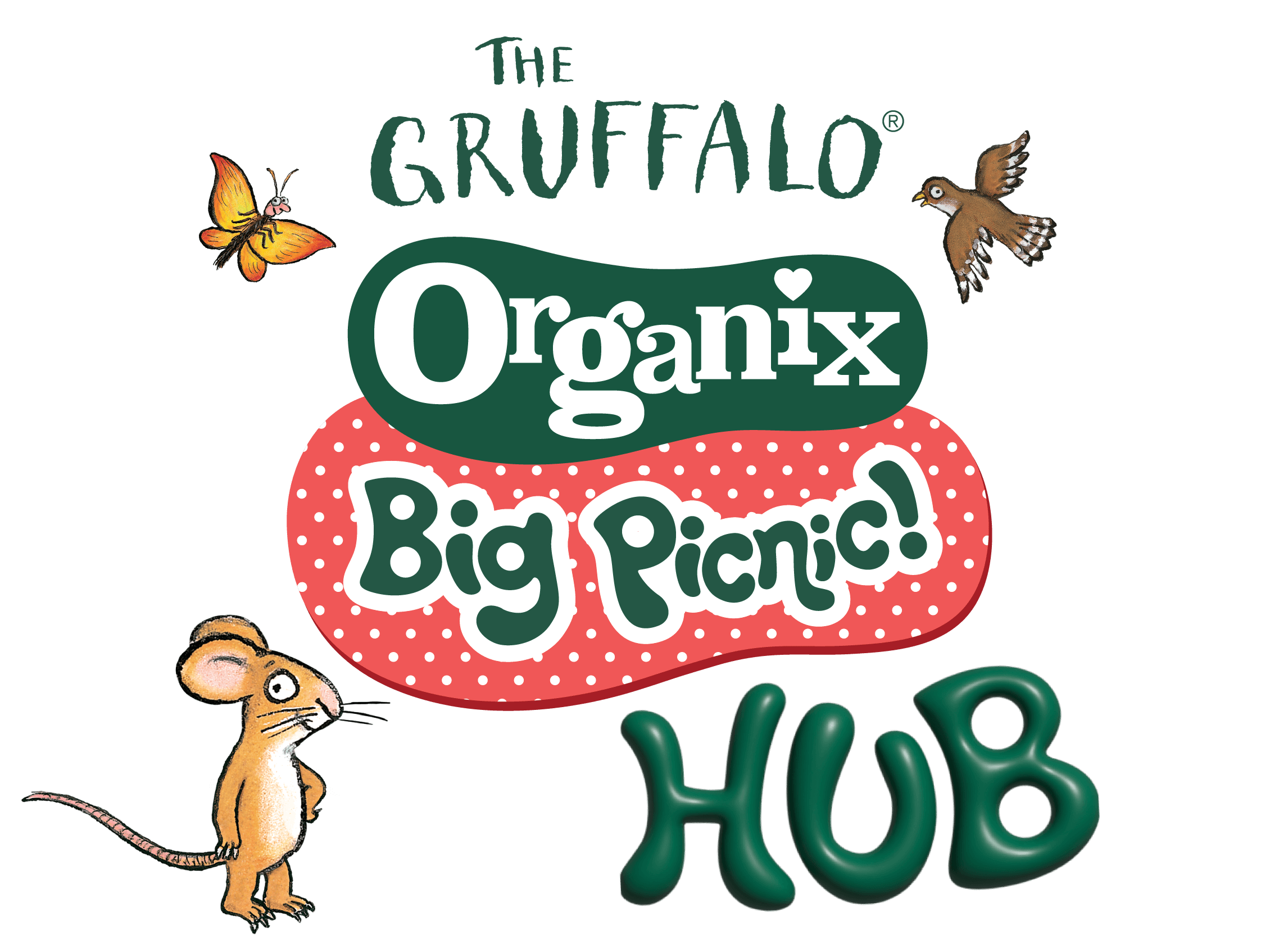 Organix logo with characters from The Gruffalo story. 