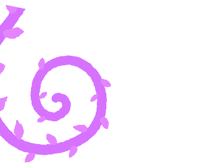 Cartoon illustrated purple curly vine with leaves and textured edges