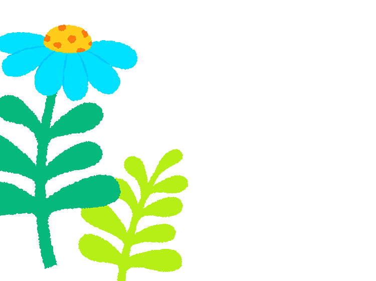 Illustrated cartoon blue flowers and whimsical green leaves with textured edges