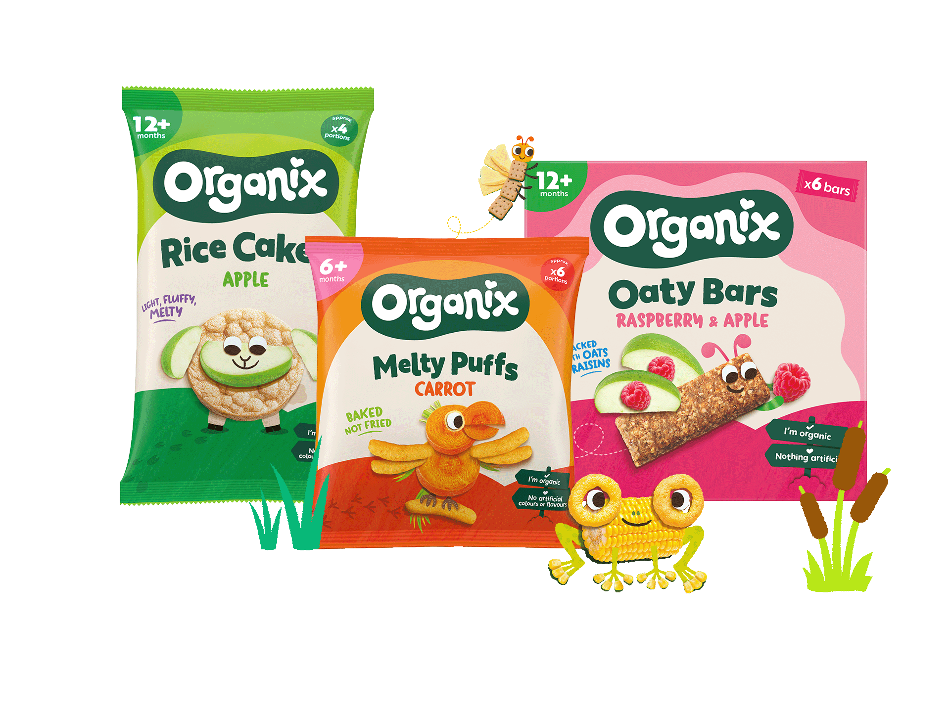 3 Organix Toddler snack packs. From left to right, Apple rice cakes, Melty carrot puffs, and raspberry and apple oaty bars