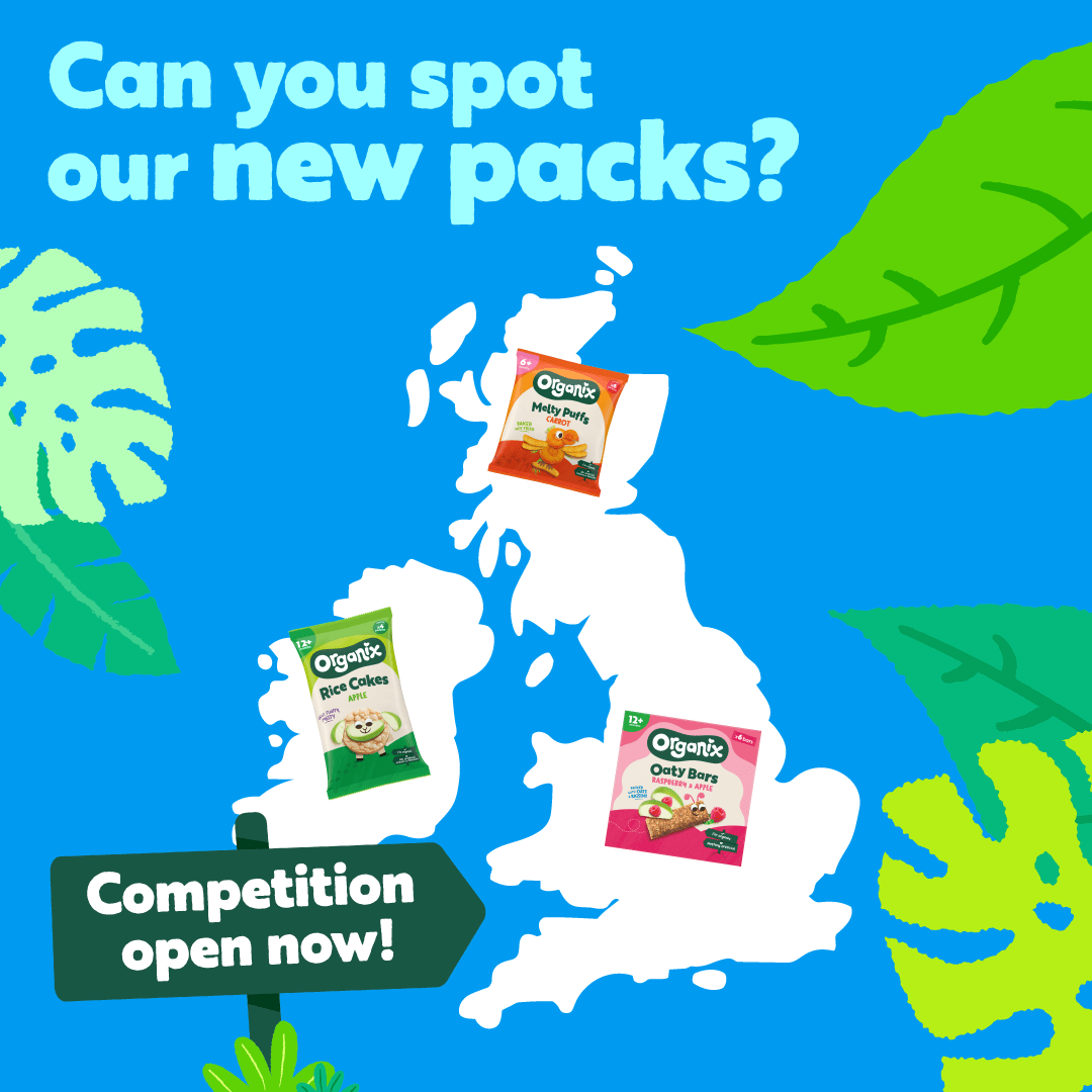 A blue square with green leaves around the outside. The words at the top say 'can you spot our new packs' then at the bottom 'competition open now' in the middle is an image of the united kingdom, with 3 organix snacks new pack designs place on it
